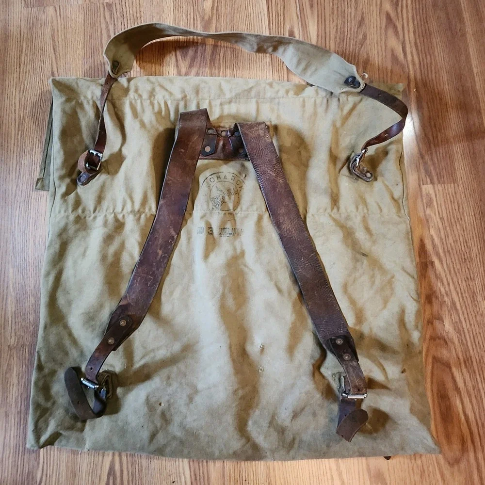 Duluth Monarch 3 Tan VTG 60's Canvas Leather Rucksack Backpack Military Gear Bag